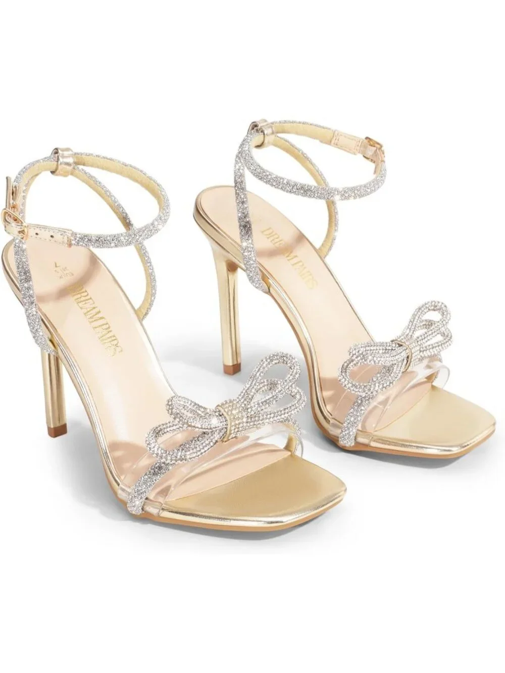 Women's Gold Pu Double Bowknots Crystal Clear Slingback Square Toe Wedding Heels